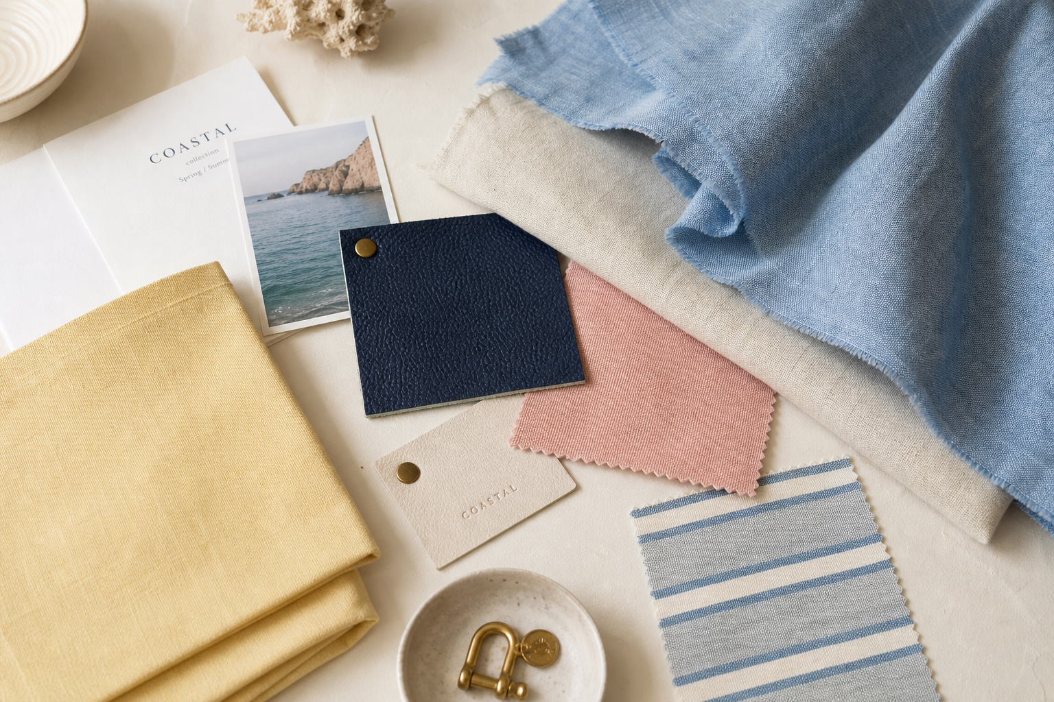 Fabric and material samples for Coastal Winds Co. collections
