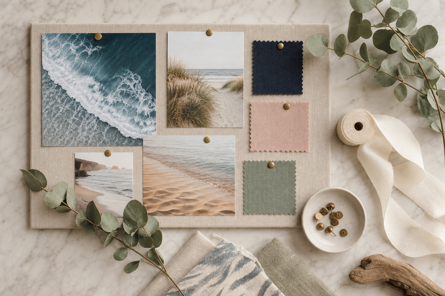 Coastal inspiration mood board with ocean photos, fabric swatches, and eucalyptus