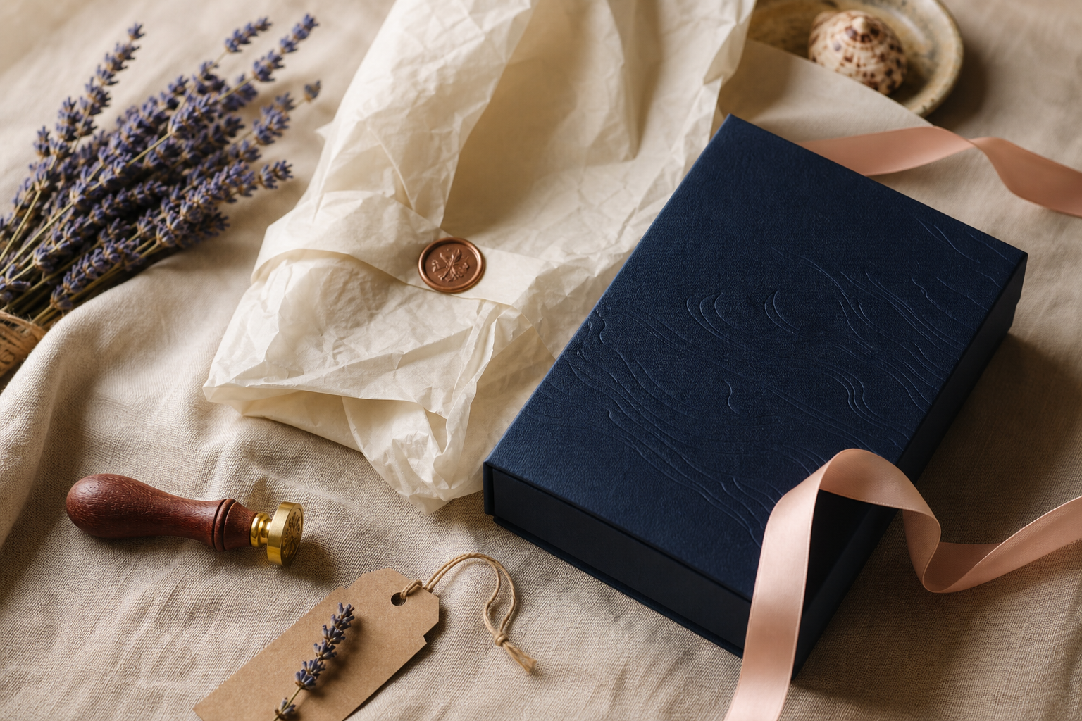 Luxury packaging materials with navy gift box, wax seal, and satin ribbon
