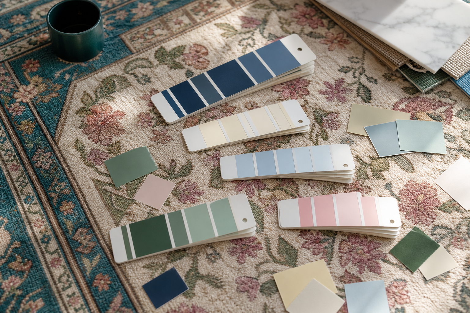 Pantone color swatches laid out on a vintage Persian-style rug