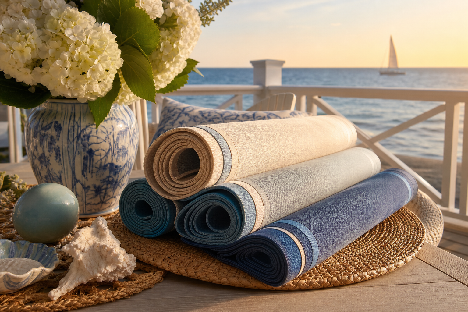 Mahjong mats on a curated coastal porch table