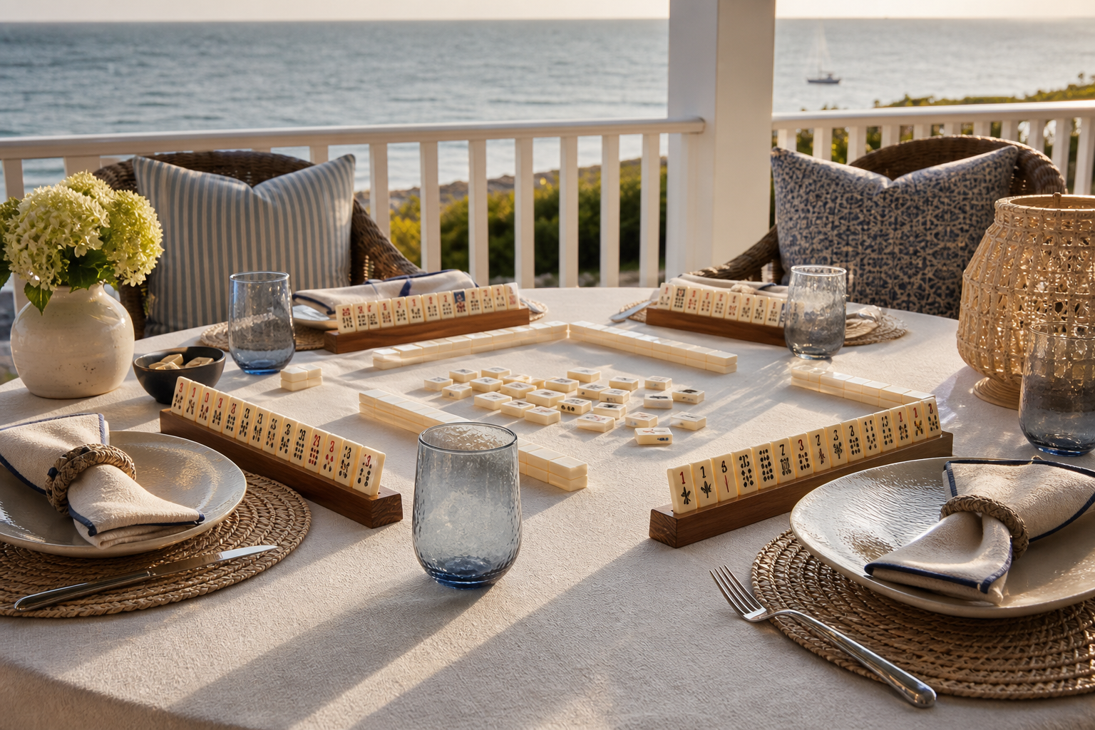 American Mahjong tiles on racks at a curated table on an oceanfront porch