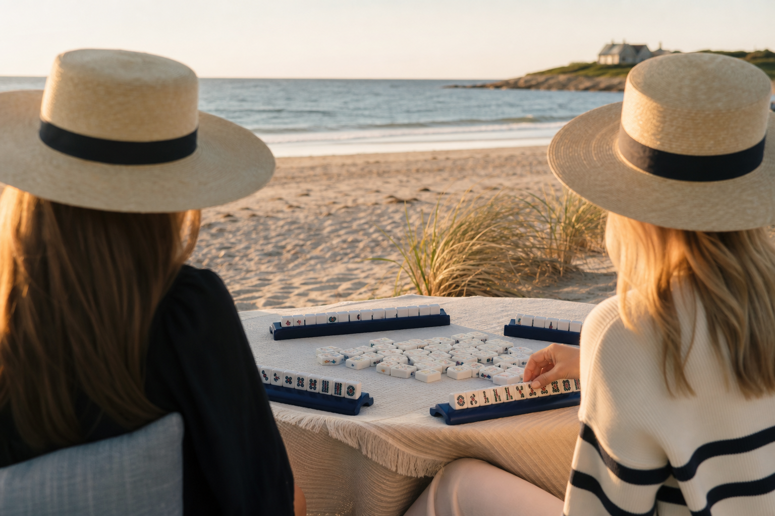 Two women playing American Mahjong at the beach